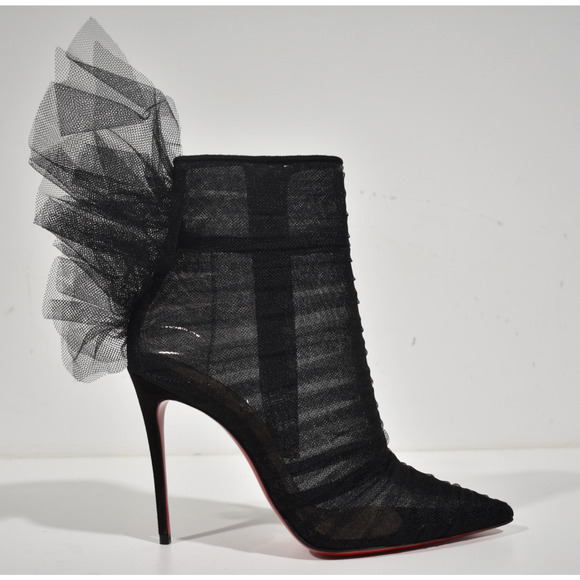 Christian Louboutin Libellibooty 100 Black Mesh Tulle Ankle Boot Heel Pump 41 - Picture 2 of 11